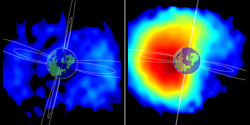 Images acquired before and during a magnetic storm, showing the buildup of energetic particles surrounding the Earth during the storm’s main phase. Courtesy of the IMAGE HENA Team and NASA.