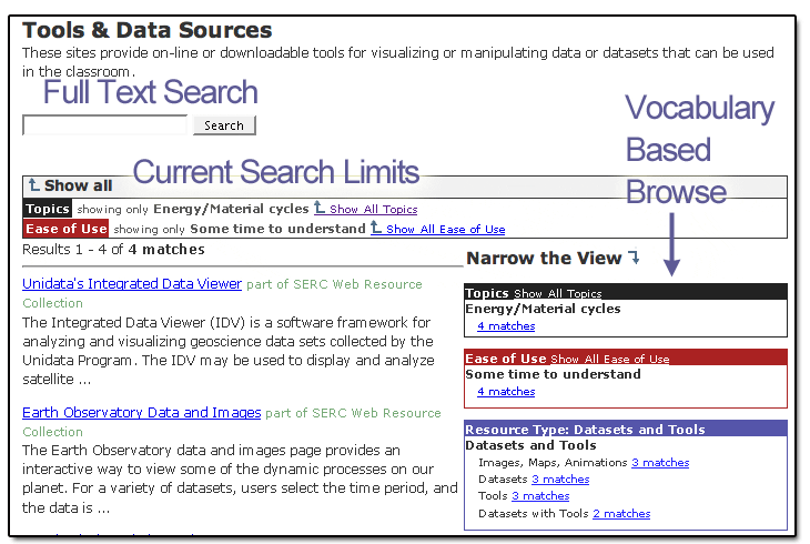 Image showing a sample of a search interface combining full text search and faceted browse