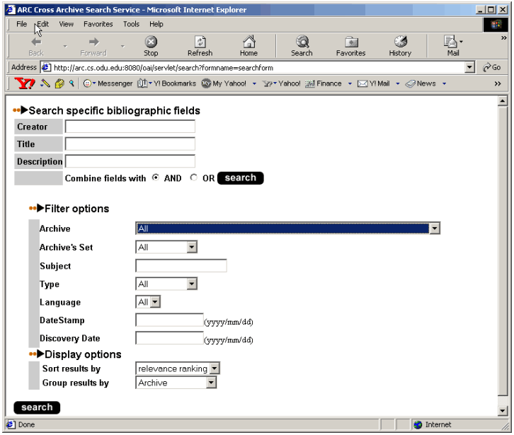 Screen capture of the advanced search interface