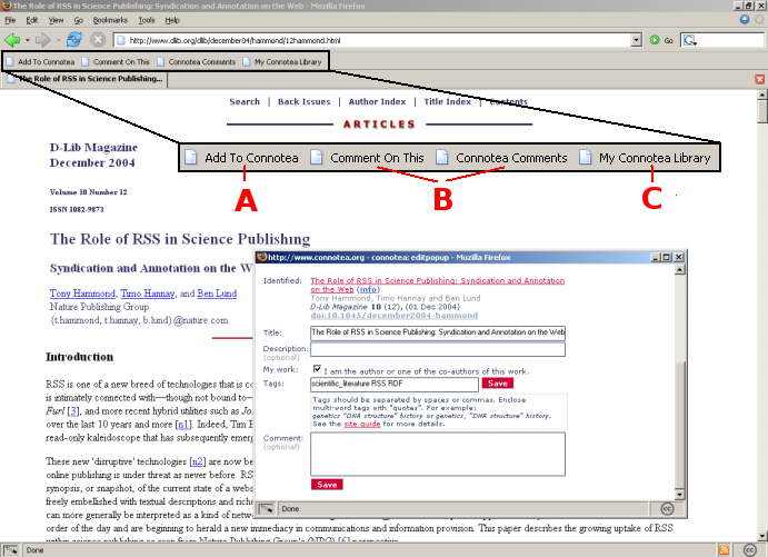 Screen shot showing Connotea bookmarklets in a user's browser