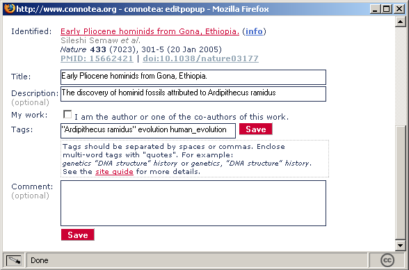 Screen shot showing the add-to Connotea form