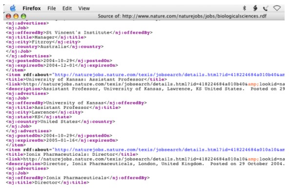 Screen shot showing an XML view of jobs metadata carried in an RSS feed