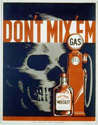 WPA poster about the dangers of mixing alcohol and driving.