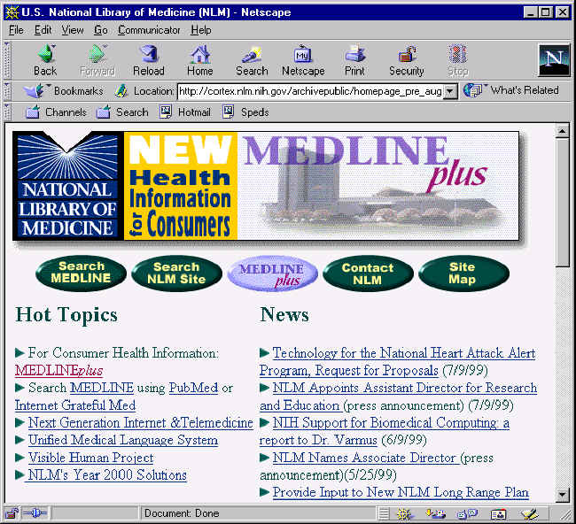 NLM homepage from Oct. 1998 to Jul. 1999
