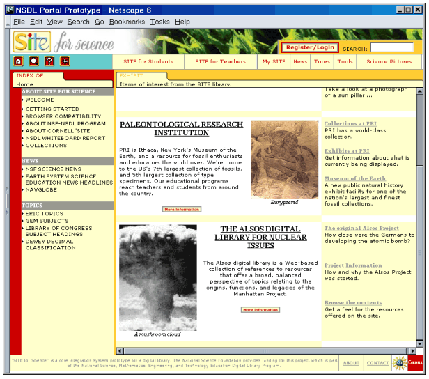 Screen shot of Site for Science page