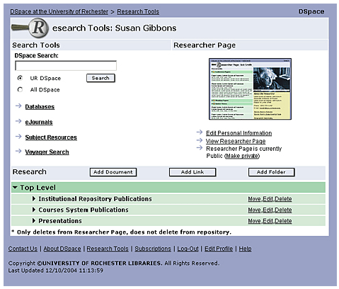 Screen shot showing available research tools