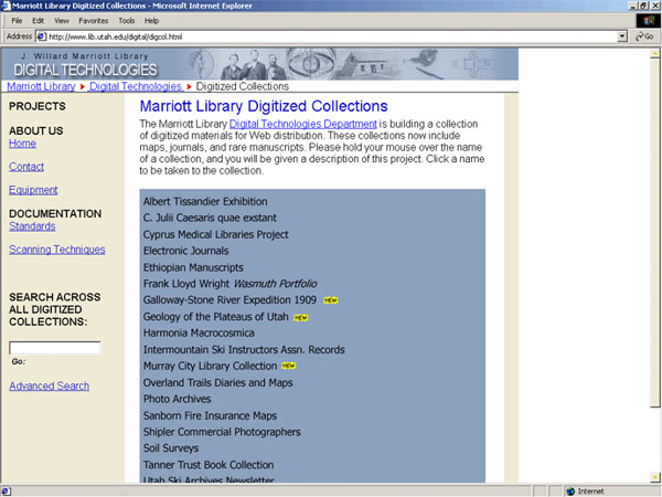 Screen shot showing list of digital collections