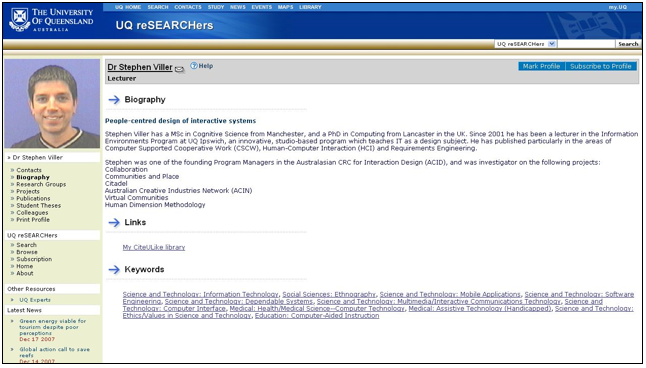 Screenshot of Stephen Viller's UQ Researchers page