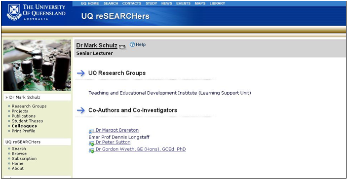 Screenshot of Mark Schultz's UQ Researchers page