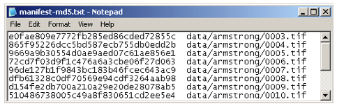 Partial screen shot showing manifest created with the MD5 checksum