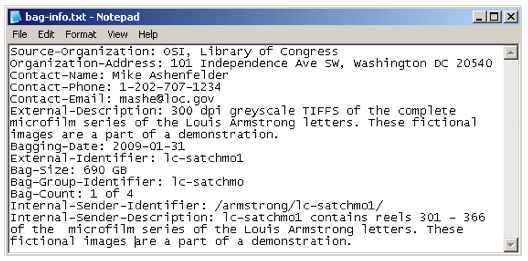 Partial screen shot showing the contents of a bag-info.txt file
