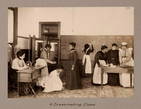 Illustration of a Dressmaking Class, ca. 1900.