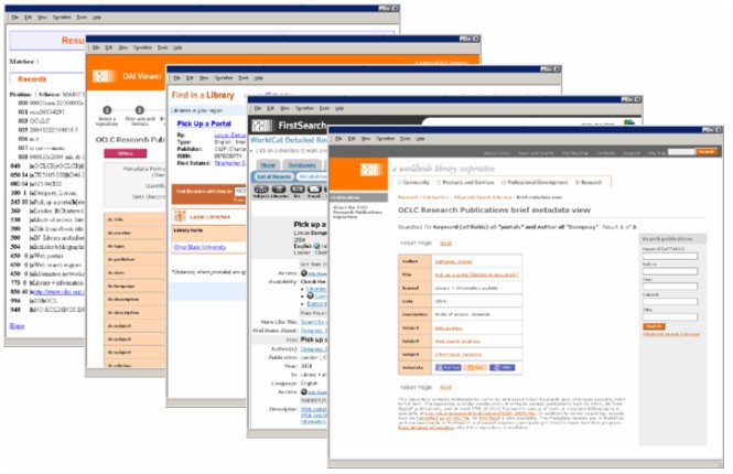 Several screen shots overlaying one another that illustrate the various views depending on the interface used to see items in the repository