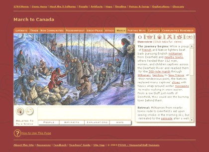 An interactive historical scene page describing the long march back to Canada.