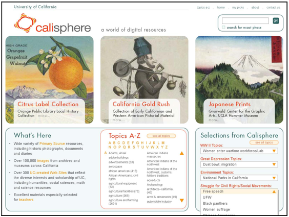 Screen shot from the Calisphere home page