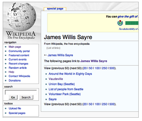 Screen shot of the Wikopedia page linking to hte James Willis Sayre article