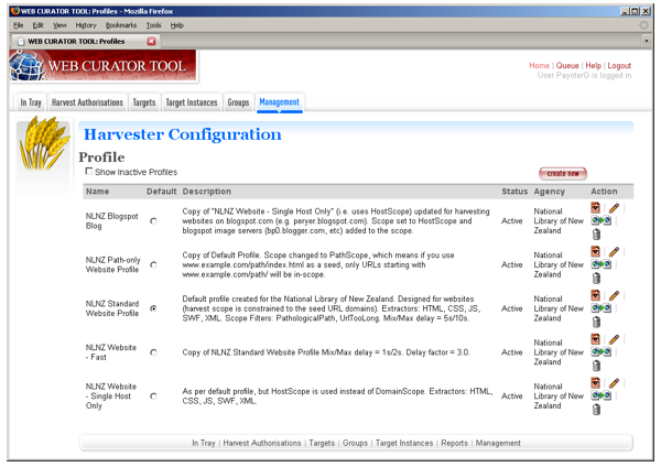 Screen shot showing the harvester profiles in use at the National Library of New Zealand as of December 2007