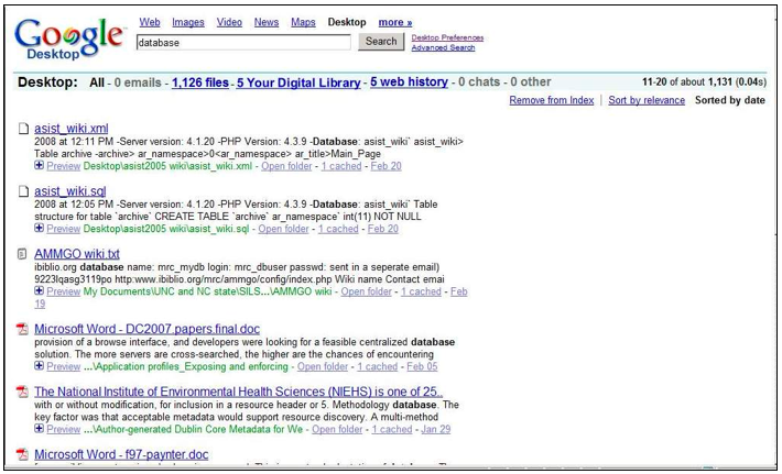 Screen shot showing Google Desktop search