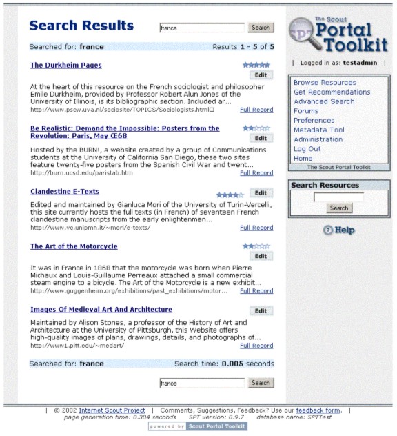 Screen shot of Search Results page