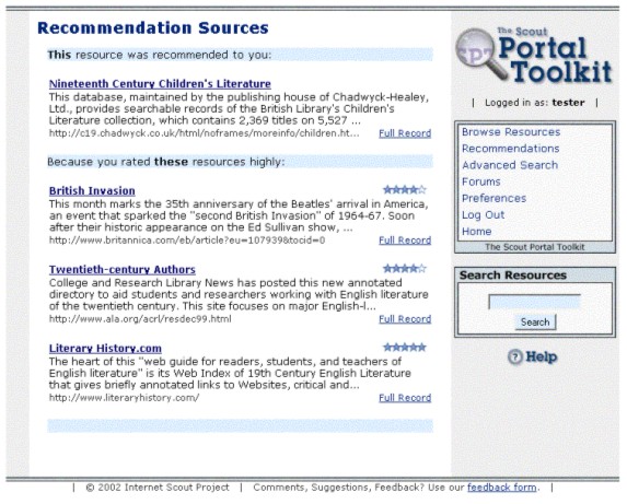 Screen shot of Recommendation Sources page