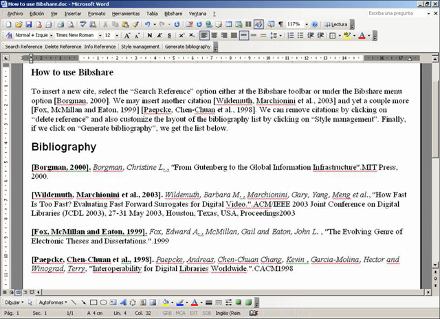 Screen shot showing the document after generating the bibliography