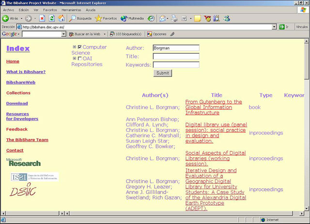 Screen shot showing the result page of Bibshare Web