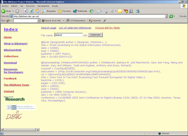 Screen shot showing a preview of the .bib file gererated with Bibshare Web