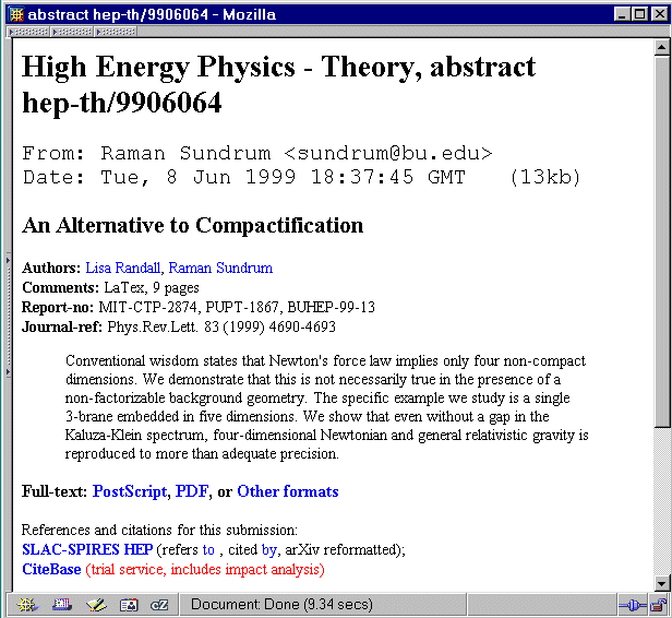 screen shot showing arXive abstract and links