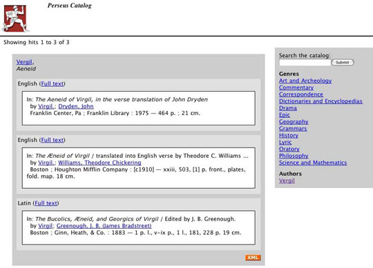 Screen shot from the Perseus Catalog