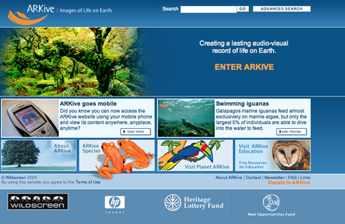 Screen shot of the home page for the ARKive web site